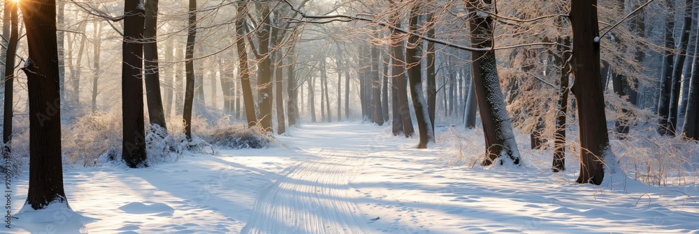 Poster leafless trees form an arch along a snow-covered path in a serene winter landscape bathed in soft su