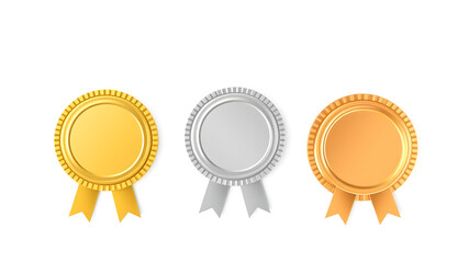 Award golden, silver and bronze blank medals 3d vector realistic illustration. First, second and third place medals or buttons isolated on white background. Quality blank, empty badge, Generative AI