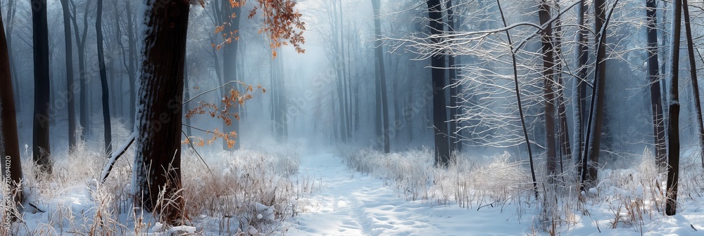Poster silent forest path blanketed in snow, created by thin branches aligning the way in a mesmerizing win