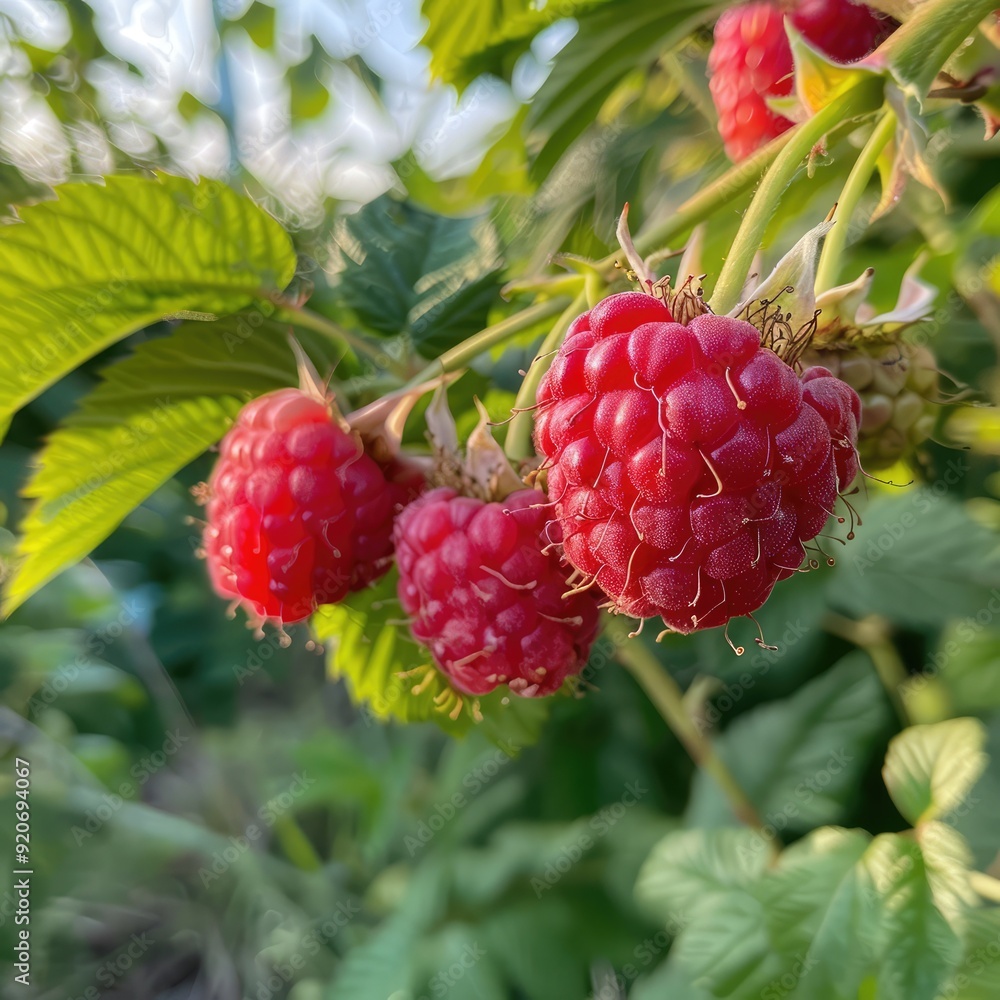 Wall mural Fresh Red Raspberries on Vines in Garden