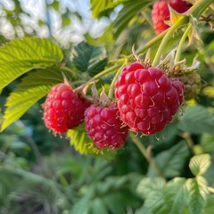Fresh Red Raspberries on Vines in Garden