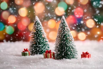Obraz premium Artificial snow, artificial Christmas trees against a background of blurry lights. Christmas gifts concept. Christmas background. Selective focus with generative ai