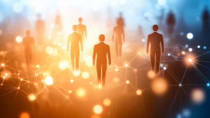 Fototapeta premium Career opportunities, HR background. Silhouette of employees on golden bokeh.