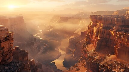 Obraz premium A digital artwork of a canyon with rugged rock formations and a winding river, misty morning with soft glow, detailed and tranquil, capturing the enchanting and serene ambiance, hd quality,