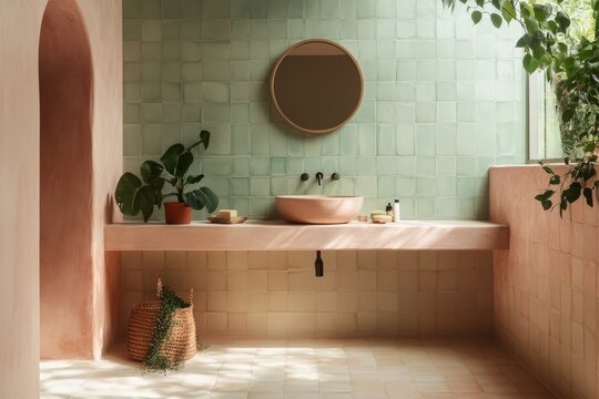 Modern bathroom with terracotta tiles, round mirror, and indoor plants creating a serene ambiance