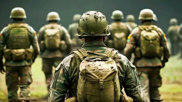 Endurance in the Field: A Rearview of Soldiers in Weathered Uniforms Marching Through a Muddy, Overcast Terrain