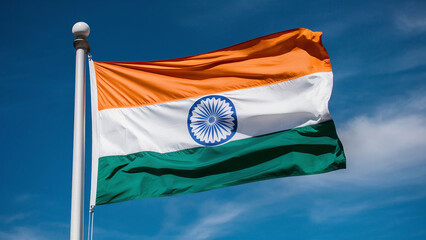 Indian flag waving on blue sky background