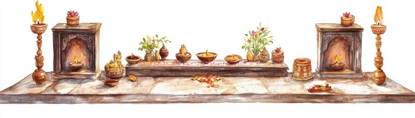 Fototapeta premium A watercolor painting of a Diwali puja room, sacred and peaceful, isolated on white background