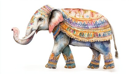 Fototapeta premium Watercolor of an Indian elephant decorated for Diwali, majestic and traditional, isolated on white background