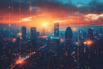 Fototapeta premium Manhattan and Shenzhen Stock Exchange Centers, Capturing Data Fluctuations in Urban Commercial Hubs
