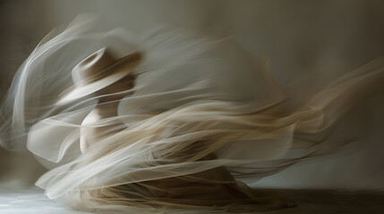 A blurry image of a person with a hat and a hand in the air. 