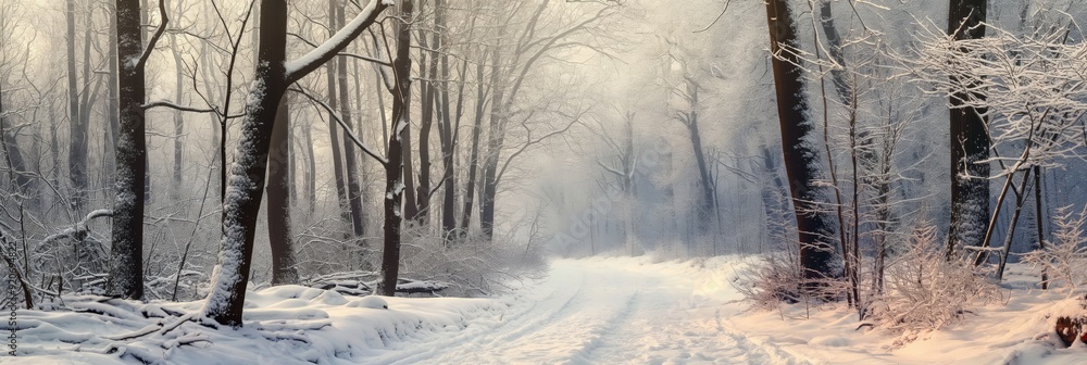 Poster serene pathway covered in snow meandering through a forest, with branches overhead and faint light c