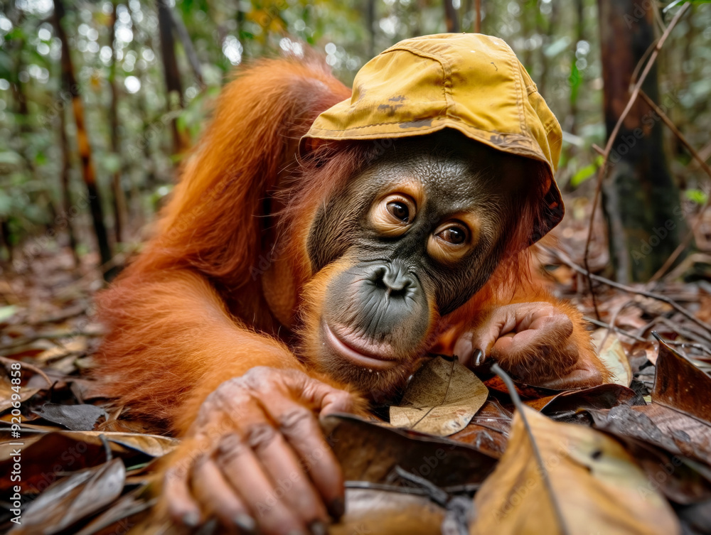 Sticker A baby orangutan wearing a yellow hat is laying on the ground. The hat is yellow and has a white stripe