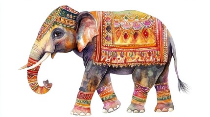 Watercolor of an Indian elephant decorated for Diwali, majestic and traditional, isolated on white background