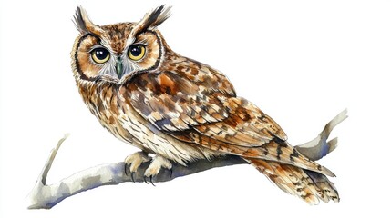 Naklejka premium A watercolor illustration of a Halloween owl perched on a branch, wise and mysterious, isolated on white background