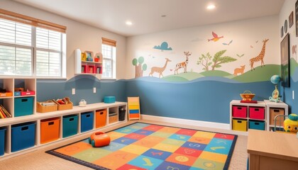 Fototapeta premium Colorful Playroom with Animal Mural and Play Mat.