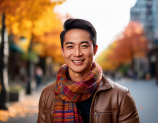 Fototapeta premium Happy Man Smiling in an Outdoor Autumn Setting Headshot Portrait