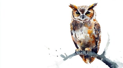 A watercolor illustration of a Halloween owl perched on a branch, wise and mysterious, isolated on white background