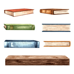 Books in bound autumn colors and wooden shelf. Set of isolated hand drawn watercolor illustrations. Concept library textbooks different angles. Knowledge for all. Clip art for card, invitation, print. © susie_p_art