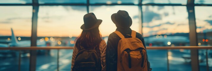 A couple with backpacks and hats watch planes at an airport during sunset, standing close together in the terminal building.