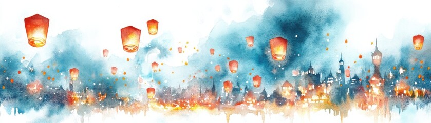 A watercolor painting of a Diwali night with lanterns in the sky, peaceful and bright, isolated on white background