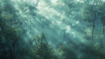 Obraz premium A digital artwork of a foggy forest with dense trees, beams of sunlight creating a mystical glow, overcast day with soft diffused light, detailed and peaceful,