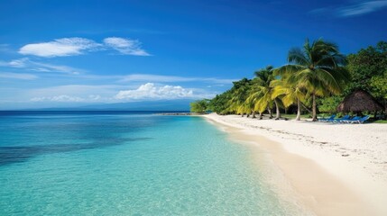 Turquoise waters and white sandy beach lined with palms in Jamaica. Perfect tropical getaway.