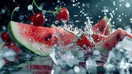 Fresh watermelon slices with water splash.