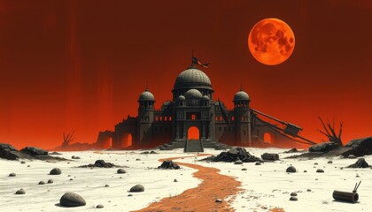 Obraz premium Red Moon Over Abandoned Palace.
