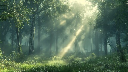 A digital artwork of a foggy forest with dense trees, sunlight beams creating a magical glow, early morning light, detailed and tranquil, capturing the serene and mystical ambiance, hd quality,