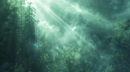 A digital artwork of a foggy forest with dense trees, sunlight beams piercing through the mist, midday with bright sunlight, detailed and vivid, capturing the enchanting beauty of the forest,