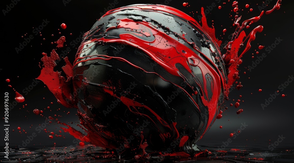 Poster this captivating 3d visualization features a vibrant red sphere elegantly surrounded by artistic liq