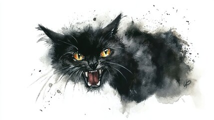 Watercolor painting of a witchs cat with a mischievous grin, playful and dark, isolated on white background