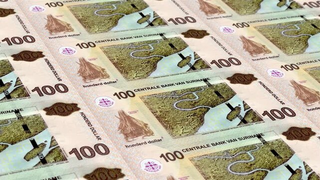 Suriname Surinamese Guilder 100 Banknotes Money Printing House, Printing One Hundred Surinamese Guilder, Printing Press Machine Print out Surinamese Guilder, Being printed by currency press machine
