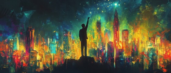 A vibrant cityscape with a figure reaching for the stars to achieve greatness