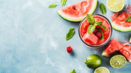 A glass of juice and fresh sweet ripe watermelon slices with plain background