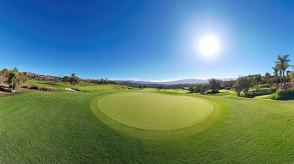 Naklejka premium Wide-angle view of a beautiful golf course with green fairways and clear skies.
