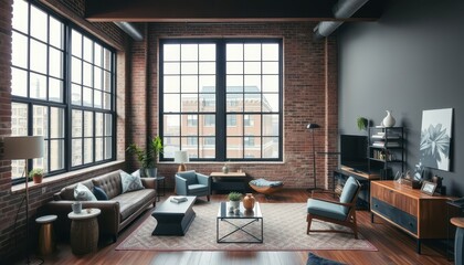 Modern Loft Living Room with Brick Walls and City Views.