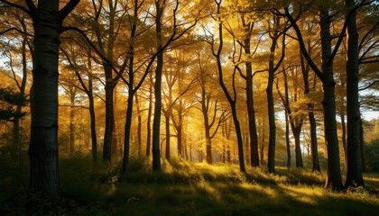 Obraz premium Golden Sunlight Filtering Through Trees in a Forest.