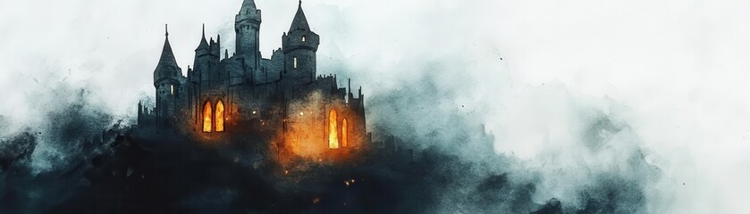 Fototapeta premium Watercolor depiction of a dark castle with glowing windows, ominous and mysterious, isolated on white background