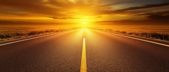 A journey to success depicted by a long road with a golden horizon ahead