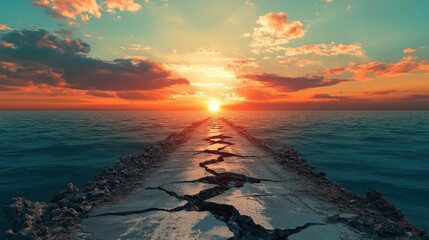 A broken road leading to a breathtaking horizon symbolizing the difficult journey to success and the reward that awaits