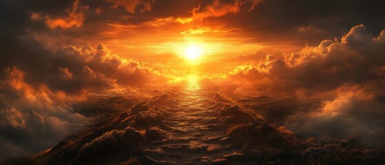 Fototapeta premium A rugged path with obstacles that lead to a radiant sunrise representing the challenge of achieving a goal but the fulfillment in the end