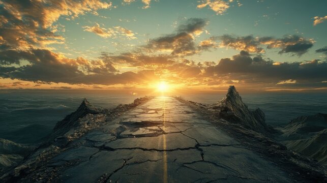 A broken road leading to a breathtaking horizon symbolizing the difficult journey to success and the reward that awaits