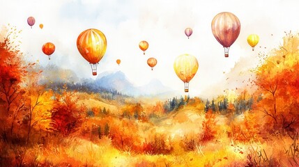 Naklejka premium A watercolor painting of balloons flying over an autumn landscape, warm and colorful, isolated on white background