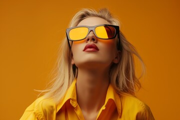 Fototapeta premium A blonde woman wearing sunglasses and a yellow shirt. She is looking at the camera. The image has a bright and cheerful mood