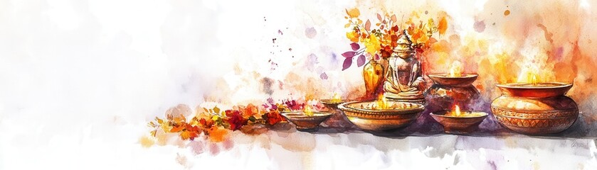 A watercolor painting of a Diwali puja room, sacred and peaceful, isolated on white background