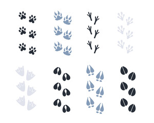 Animal and bird trace steps set. Animal tracks. Paw prints.