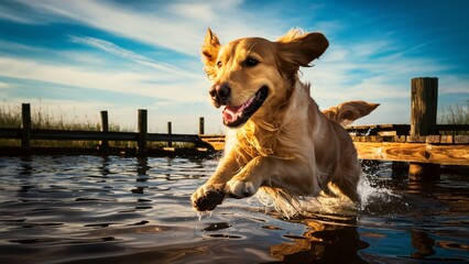 Joyful golden retriever dog running in the lake with a blurred pier in the background.