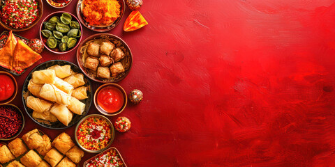 A vibrant top view of traditional Indian snacks and sweets arranged on a bold red background, highlighting the rich culinary culture.